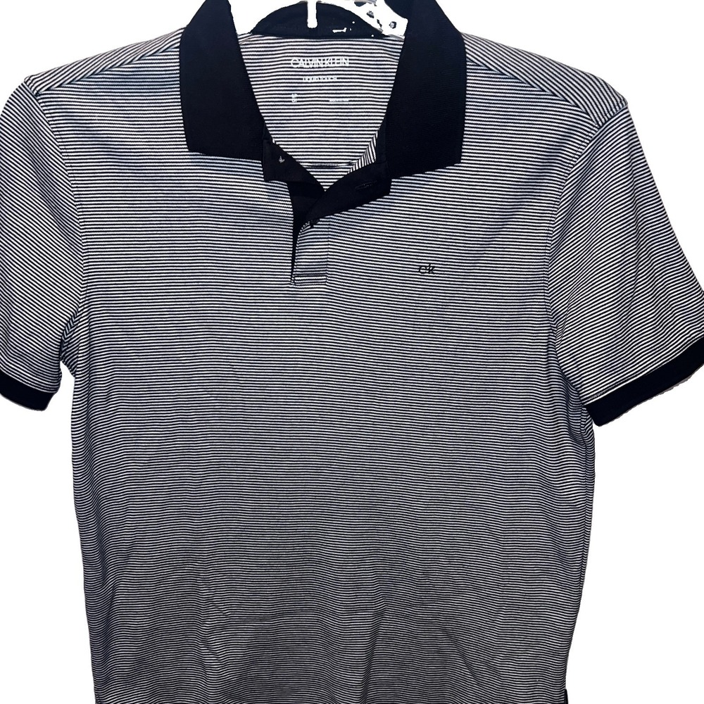 Mens Calvin Klein Liquid Touch Polo Shirt Short Sleeve Black White Stripe Small